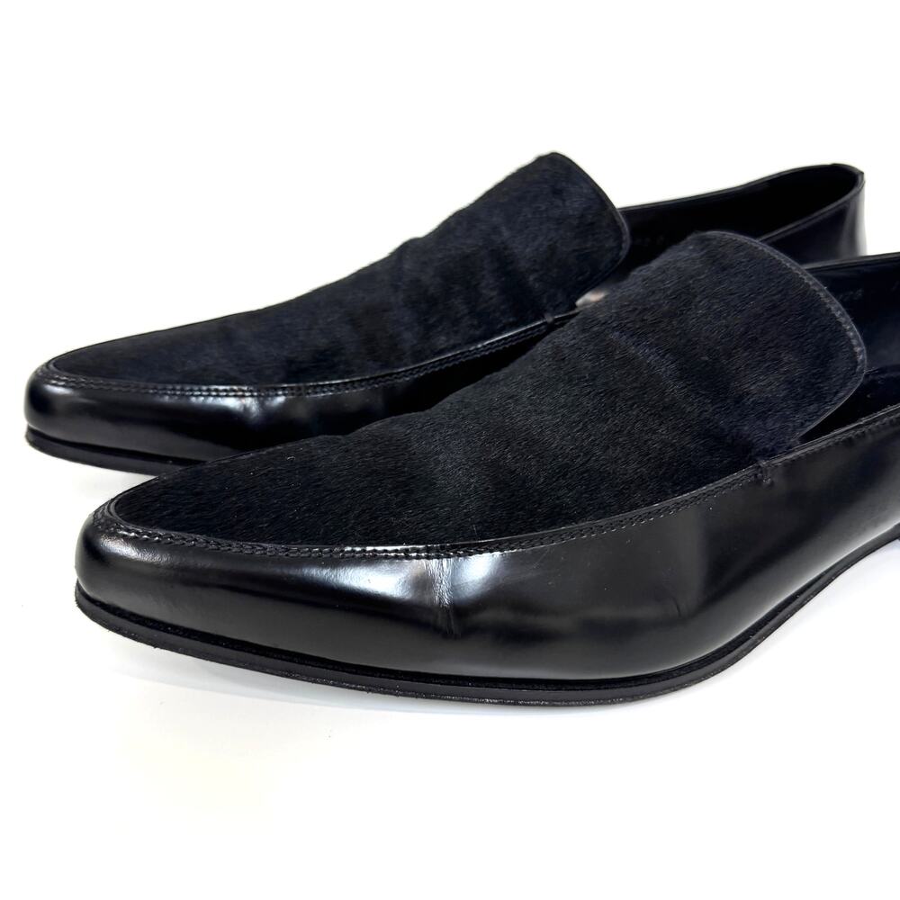 PRADA Black Patent Leather Combination Calf Hair Point Toe Loafer 10 Pony Shoes - Picture 4 of 7